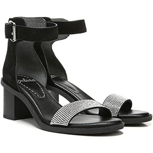 ZODIAC‎ Sandals Size 7.5 Black Leather Ankle-Strap Zip Block-Heel Rhinestone - Picture 1 of 9